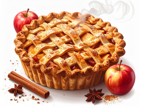Warm Apple Pie with Cinnamon Sticks and Red Apples