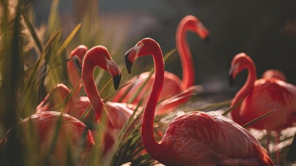 Group of pink flamingos with curved necks standing among tall marsh grasses in warm sunlight. Concept Flamingos in warm sunlight, Pink birds with curved necks, Tall marsh grasses in wetlands