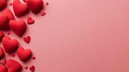 minimal pink background with red hearts flat lay and large clean copy space