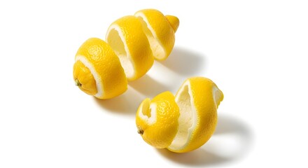 Two spiraling lemon zest pieces on a white background