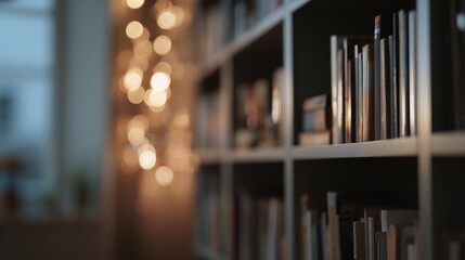 soft cozy blurred bookshelf background with warm ambient calming atmosphere
