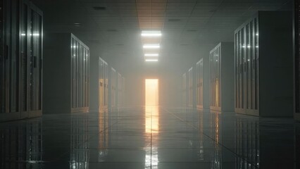 A dimly lit data center corridor with rows of glass-front server cabinets and a glowing doorway at the far end. Concept Dimly lit data center corridor, Glass-front server cabinets