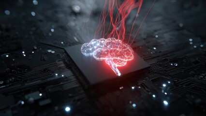 A glowing digital brain formed by red and white lights rising from a microchip on a circuit board. Concept Glowing Digital Brain, Neon Circuitry, Microchip Rising, Circuit Board Lights