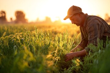 Obraz premium Hardworking Farmer Harvesting Fresh Crops In Golden Sunset Field At Dusk