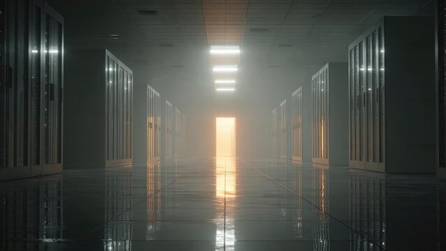 A dimly lit data center corridor with rows of glass-front server cabinets and a glowing doorway at the far end. Concept Dimly lit data center corridor, Glass-front server cabinets - Powered by Adobe