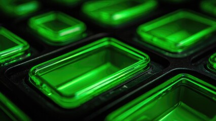Neon green rectangular glassy wells in a black grid tray, close-up shot. Concept Neon green rectangular glass wells, black grid tray, close-up shot, glossy surfaces, geometric reflections