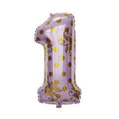 A festive purple balloon shaped like the number one, adorned with elegant gold damask patterns and scattered polka dots, perfect for celebrations