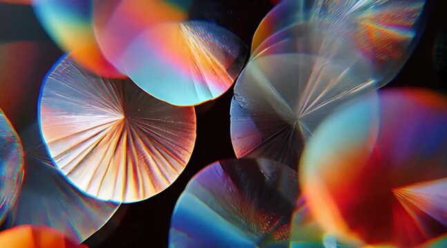 Abstract iridescent circular crystal structures with radial patterns and prismatic light dispersion reflecting rainbow colors