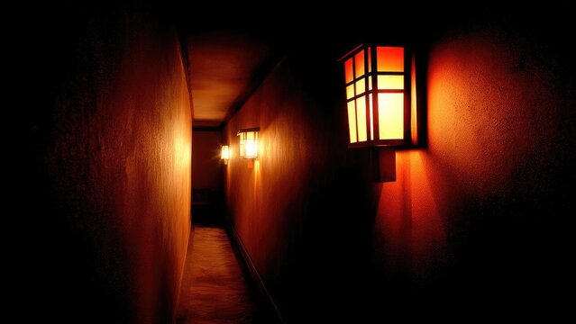 Dim, narrow hallway lined with warm orange wall lanterns. Concept Moody Hallway, Dim Lighting, Warm Orange Lanterns, Narrow Space, Cinematic Ambience