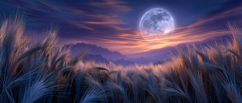Moonlit Wheat Field A serene wheat field under a luminous full moon, bathed in the soft hues of twilight, evokes a sense of peace and tranquility.
