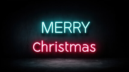 Neon Merry Christmas sign glowing in blue and pink against a dark wall