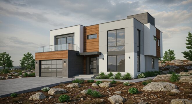 Modern Luxury Home with Wood Accents and Rocky Landscape modern house contemporary architecture