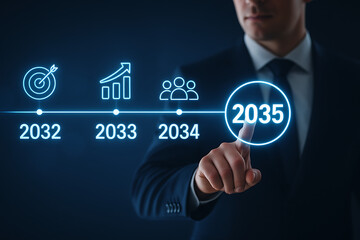 Businessman selects the year 2035 on a futuristic digital timeline, illustrating the achievement of long-term business goals, success, and team development objectives