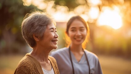 An elderly woman smiling in the foreground, with a younger woman blurred in the background, bathed in warm sunset light. Concept Golden Hour Portrait, Intergenerational Moment, Elderly Smile