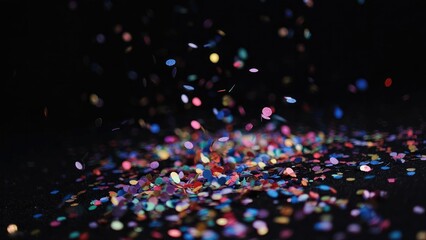 Colorful confetti scattered on a dark surface, with pieces floating in the air. Concept Colorful confetti on dark surface, Confetti floating in the air, High-contrast party decor