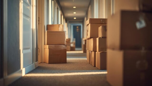 A hallway crowded with stacked cardboard boxes, like a moving or storage corridor. Concept Moving Day, Cardboard Boxes, Narrow Hallway, Storage Corridor, Cluttered Space
