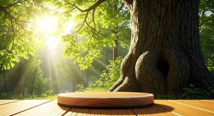 Illustration of sunbeams filter through lush green forest canopy onto a wooden podium