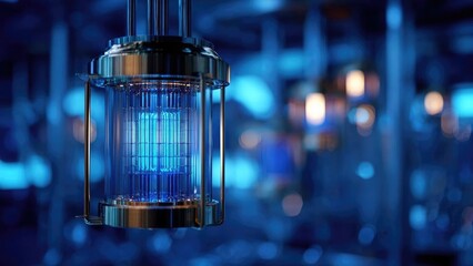 Blue ultraviolet lamp inside a glass and metal housing, hanging in a high-tech laboratory. Concept Blue UV lamp, Glass and metal housing, High-tech laboratory, Industrial lighting
