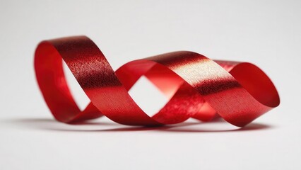shiny red curling ribbon spiraling on a white background Concept Shiny red curling ribbon, Curling ribbon spirals, White background, Holiday gift decor, Macro close-up