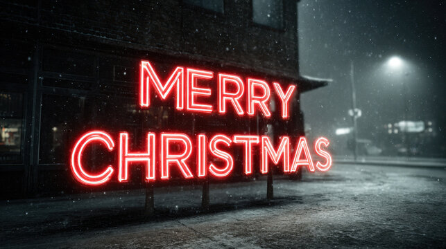 Bright red neon Merry Christmas sign glowing on a snowy city street at night, with falling snow and atmospheric winter lighting