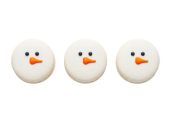Adorable Snowman Macarons Isolated on White Background. Festive Christmas Holiday Desserts and Winter Treats.