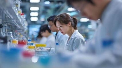 Scientists in white lab coats work at a laboratory bench with glassware and bottles in a busy research lab. Concept Scientists in lab coats, Laboratory bench, Glassware and bottles