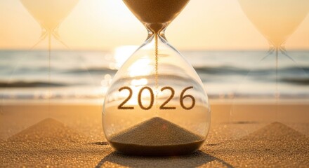 Hourglass with 2026 text on sand at sunset representing future and time