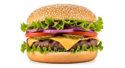 Delicious and fresh hamburger with cheese lettuce tomato and onion on white