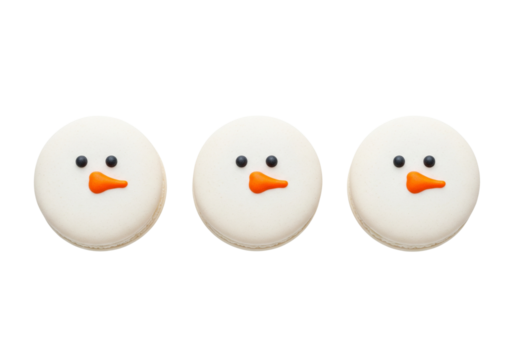 Adorable Snowman Macarons Isolated on White Background. Festive Christmas Holiday Desserts and Winter Treats.