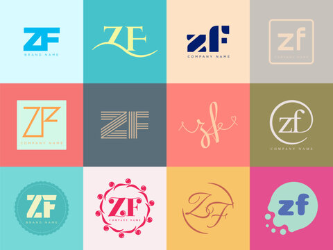 ZF logo company template. Letter z and f logotype. Set different classic serif lettering and modern bold text with design elements. Initial font typography.