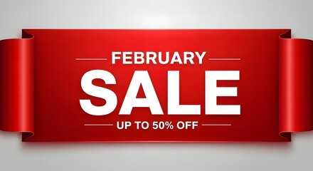 Illustration of february sale up to 50% off red banner with white text