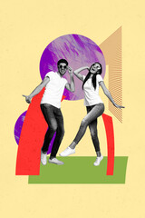 Trendy art vertical image zine photo collage of happy girl guy friends dance weekend chill party...