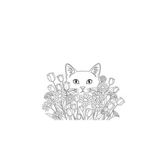 Obraz premium Whimsical line drawing of a cute cat peeking out from a bush of flowers