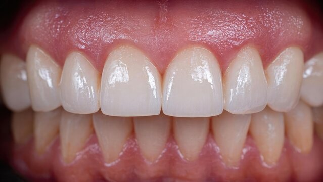 Close-up of upper front teeth with porcelain veneers, showing a bright, straight, uniform smile. Concept Porcelain veneers close-up, Bright uniform smile, Cosmetic dentistry aesthetics