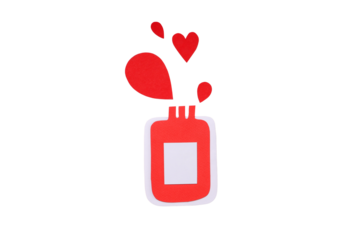 Red donation bottle with hearts and droplets, isolated, PNG