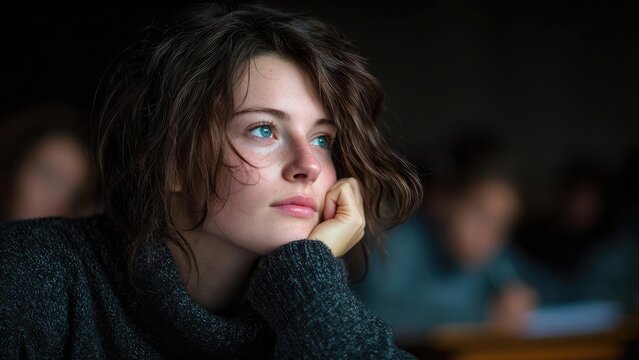 A thoughtful young woman with short brown hair and blue eyes rests her chin on her hand, gazing into the distance. Concept Thoughtful portrait, Short brown hair, Blue eyes, Chin on hand - Powered by Adobe