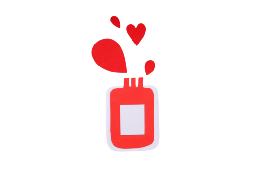 Red donation bottle with hearts and droplets, isolated, PNG - Powered by Adobe