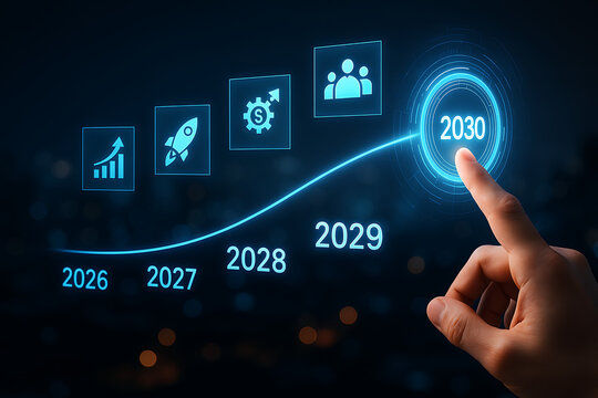 Businessman selects the year 2030 on a futuristic business growth timeline, illustrating a long-term strategy and roadmap for future success and financial milestones