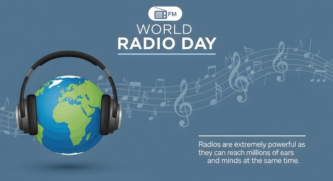 Illustration of world radio day celebrated globally with headphones and musical notes - Powered by Adobe