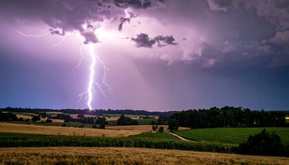 Dramatic landscape lightning strikes down from stormy clouds over fields of grain and foliage under an ominous sky