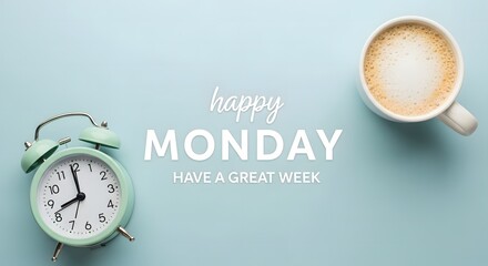 Illustration of happy monday text with a cup of coffee and alarm clock on blue background
