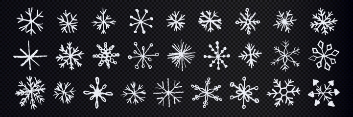Fototapeta na wymiar Set of white snowflakes and stars on transparent background. Doodle elements for winter and holiday designs