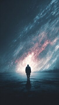 Grandfather paradox illustration time traveler silhouette fading into starlight distorted cosmic timeline surreal theoretical physic concept