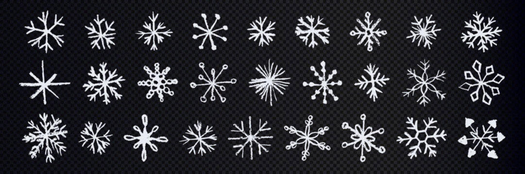 Set of white snowflakes and stars on transparent background. Doodle elements for winter and holiday designs