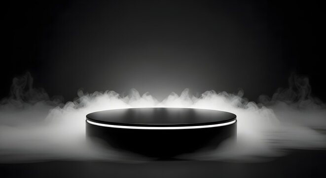 Illustration of a dark podium with glowing rim surrounded by smoke on a black background