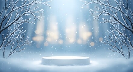 Illustration of winter wonderland podium with snow and bokeh lights, perfect for product display