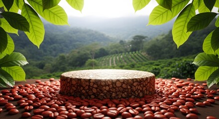 Illustration of coffee beans on a podium with a plantation in the background