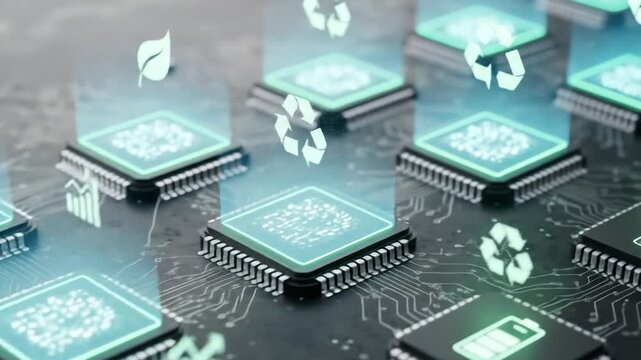 Innovative microprocessors on a motherboard illustrating concepts of green IT, energy conservation, and ecological data processing