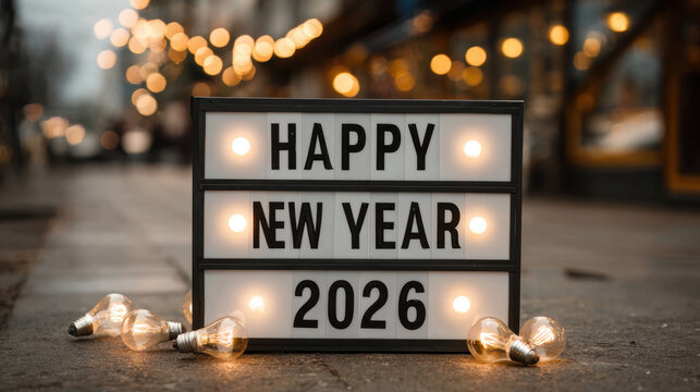 Happy new year 2026 lightbox sign with glowing bulbs on a festive city street