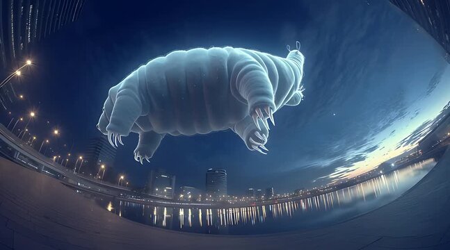 Giant glowing tardigrade water bear floating over modern city skyline at twilight